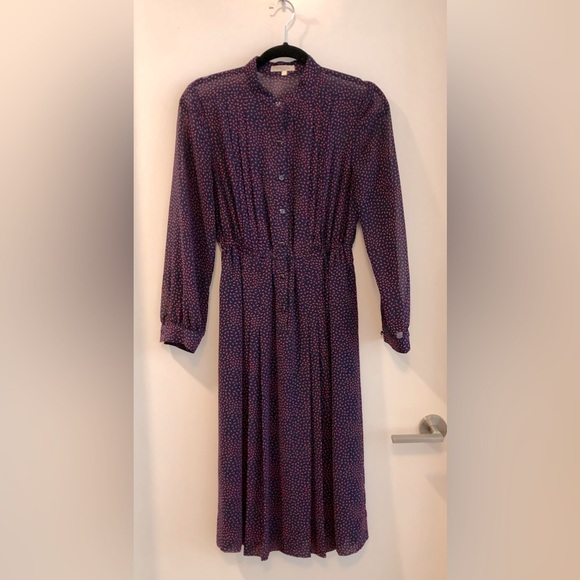 Vintage midi dress in blue with red dotted pattern - fits like Med - Picture 1 of 11